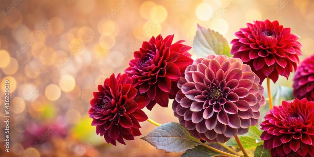 Poster vibrant crimson and mauve dahlias in a sunlit autumnal garden setting, showcasing their intricate pe