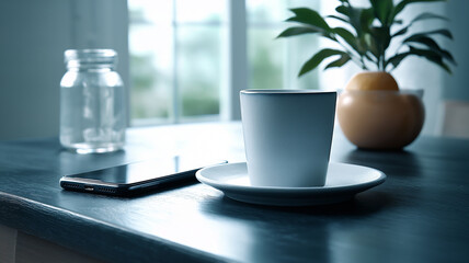 White cup on saucer with smartphone and plant on table in cozy room with natural light