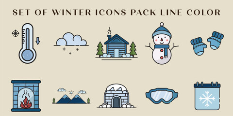 set of isolated winter icons pack line color vector illustration template graphic design. bundle collection of various season of snow celebration sign and symbol for travel or nature concept