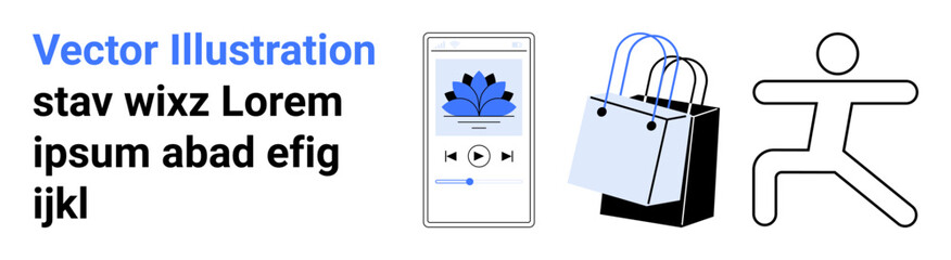 Smartphone playing audio, shopping bags symbolizing retail, and minimal running figure. Ideal for e-commerce, fitness, tech, lifestyle, shopping apps, health flat landing page banner