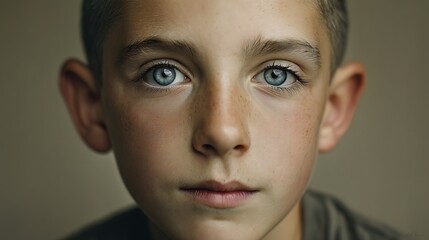 Close-up portrait of a boy with bright blue eyes and freckles