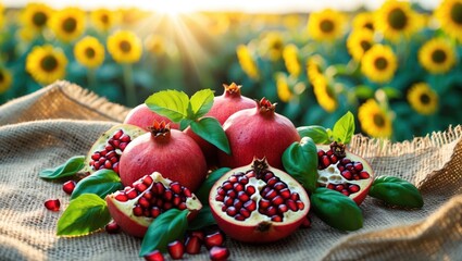 Pomegranate Fruits Displayed on Burlap with Sunflower Field Backdrop