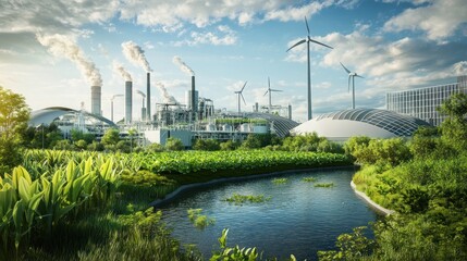 Sustainable industrial park with renewable energy. Lush greenery surrounds a modern factory complex, alongside wind turbines and a serene pond. Smoke stacks coexist with eco-friendly features