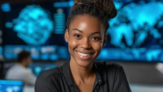 Confident Analyst at Work: A professional woman, exuding confidence and expertise, smiles warmly in a high-tech, data-driven workspace, perfectly capturing a moment of professional empowerment.
