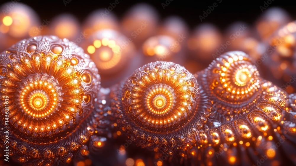 Poster golden spiral fractal: intricate golden spirals create a mesmerizing fractal pattern, with glowing c