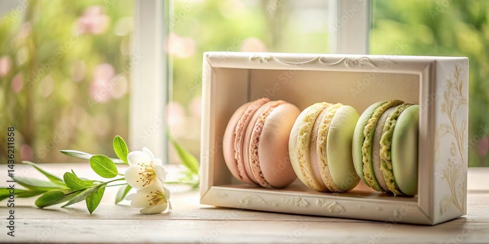 Poster delightful pastel macarons displayed in an elegant white frame near a delicate spring blossom, bathe
