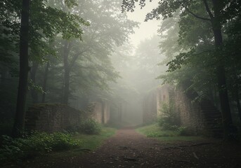 Fototapeta premium 霧深く静寂な森の道 神秘的な緑と影