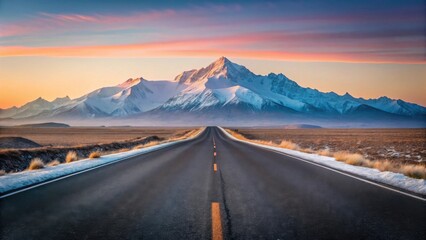 Asphalt ribbon unwinding towards majestic snow-capped peaks under a breathtaking sunrise sky, a scenic journey ahead