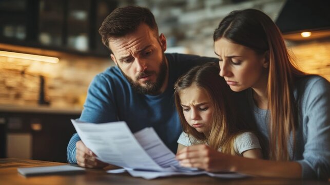 Worried family reviewing financial documents.  A family stares intently at documents, expressing concern and financial strain - Powered by Adobe