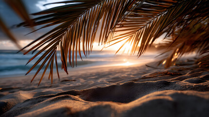 Golden rays of sunlight breaking through the palm leaves, casting a serene and calming light over the white sandy beach.