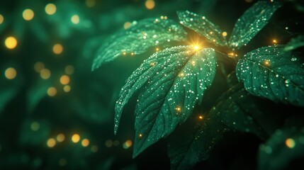 Emerald leaves, glistening with dew, illuminated by ethereal light