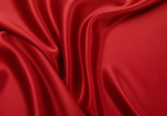 Luxurious Red Satin Fabric Texture, Elegant Silk Drapery Background, Smooth Wavy Cloth Abstract.