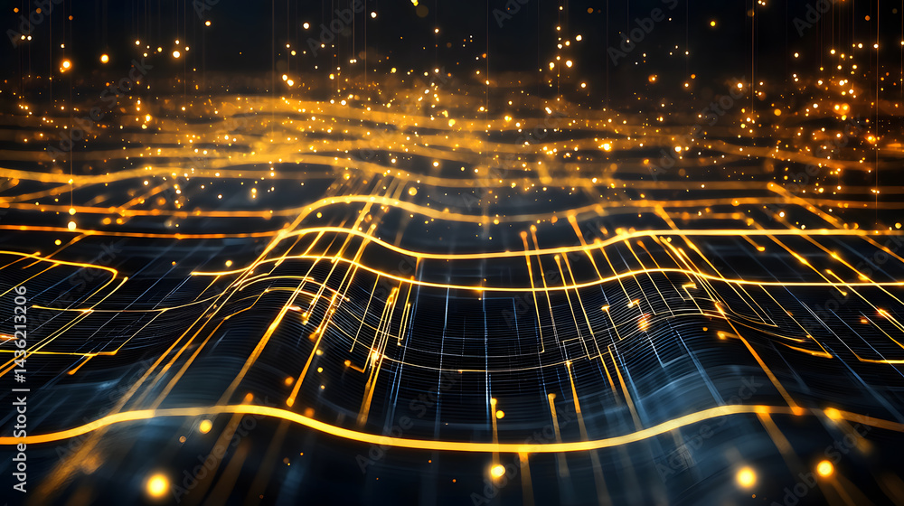 Poster dynamic abstract data flow visualized through glowing lines digital environment graphic design futur