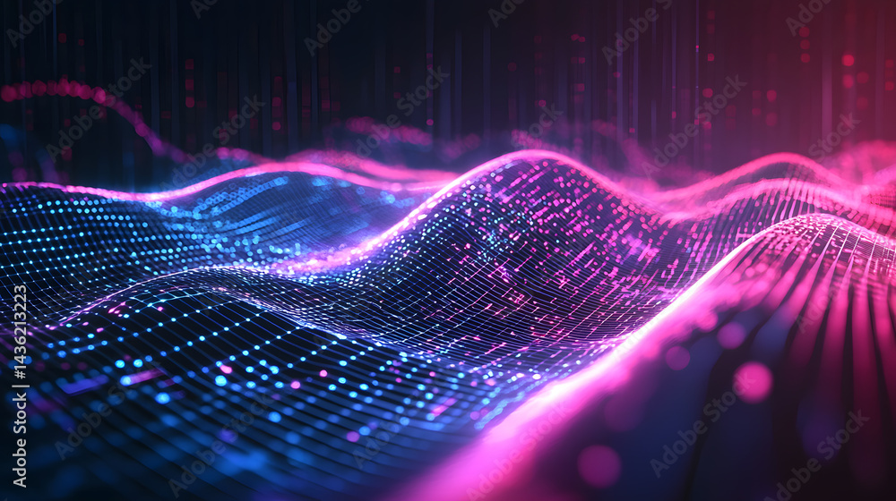 Poster glowing abstract data flow waves in digital space virtual environment graphic visualization futurist