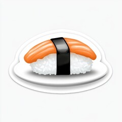 Delicious sushi featuring a vibrant orange topping on a bed of fluffy white rice elegantly presented on a white plate with a black band accent