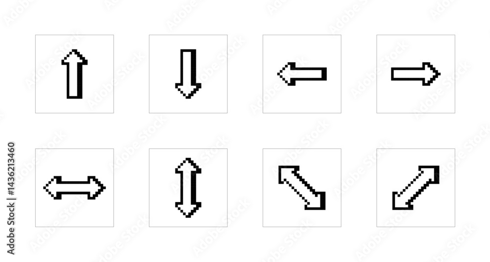 Poster pixel art directional arrow icons set, up down left right diagonal movement symbols, pixel navigatio