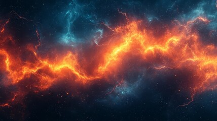 Fototapeta premium Dynamic cosmic energy: Vibrant orange lightning streaks through a deep blue nebula, creating a mesmerizing visual perfect for sci-fi and technology themes.