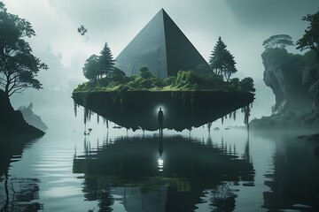 Surreal floating island, dark inverted pyramid, lush trees, lone silhouette figure, misty atmosphere, dystopian landscape, ethereal lighting, reflection in water, geometric patterns, fantasy world, mi