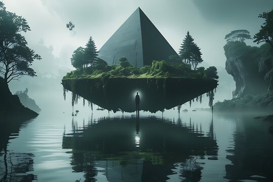 Surreal floating island, dark inverted pyramid, lush trees, lone silhouette figure, misty atmosphere, dystopian landscape, ethereal lighting, reflection in water, geometric patterns, fantasy world, mi