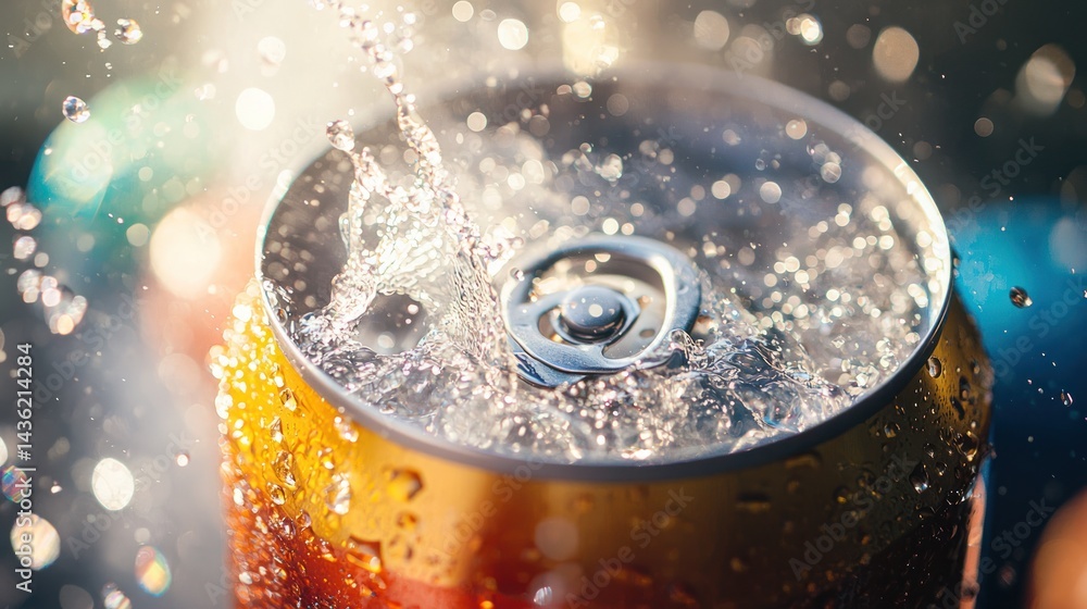 Poster a close-up of a canned drink being opened with a fizzing effect.