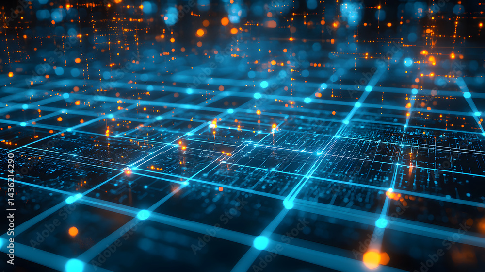 Poster dynamic data flow visualization digital realm abstract art tech environment illuminated perspective 