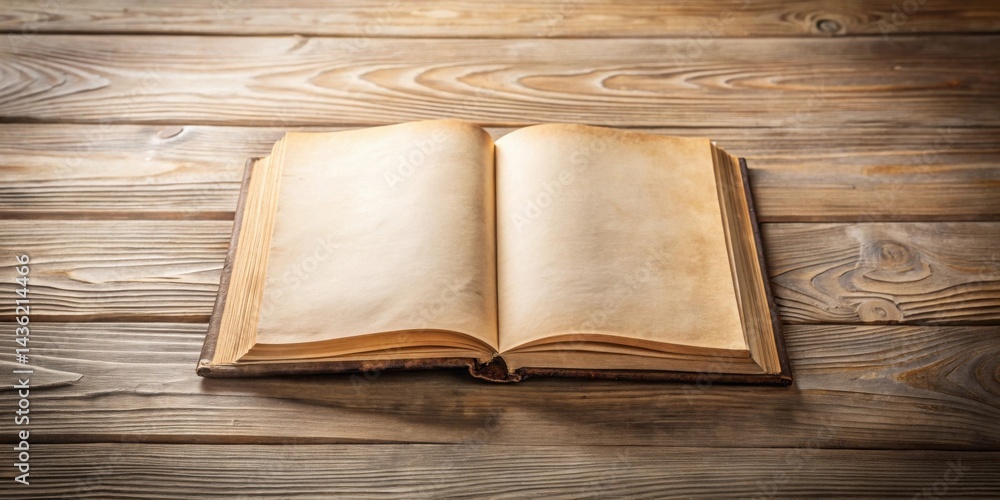 Aufkleber an antique book with aged pages rests open on a rustic wooden surface, inviting exploration of its b