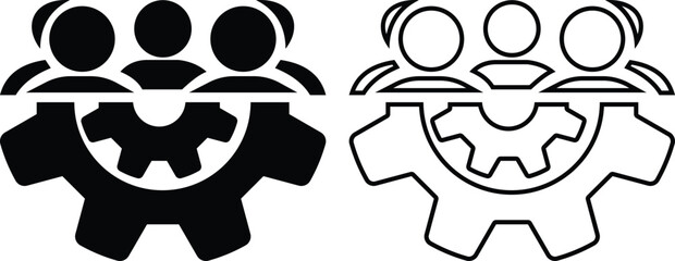Team work icon set, four people in a gear icon, Community group symbol. Line team work icon. Vector
