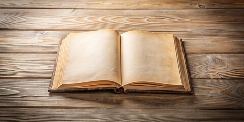 Obraz premium An antique book with aged pages rests open on a rustic wooden surface, inviting exploration of its blank interior.