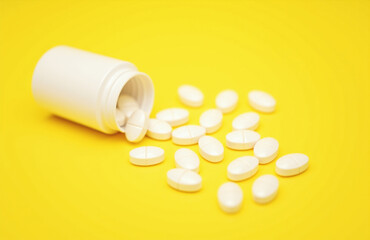 White pill bottle tipped over, pills scattered, bright yellow backdrop.