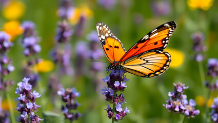 Obraz premium Vibrant Orange Butterfly on Lavender Flowers Nature Photography