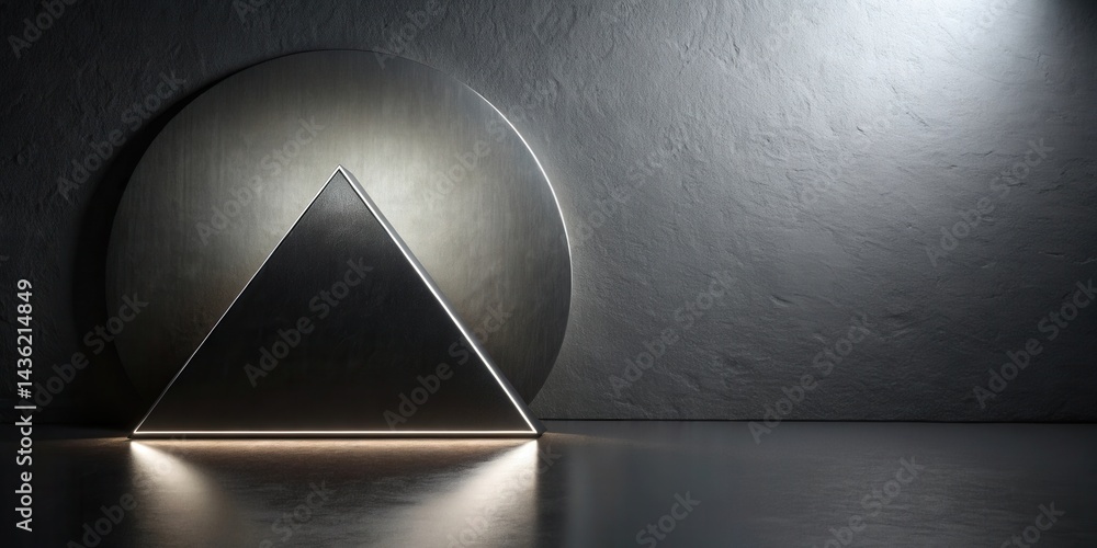 Poster illuminated geometric forms on dark background a minimalist composition featuring a triangle and cir