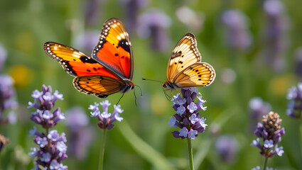 Obraz premium Vibrant Orange and Brown Butterflies on Lavender Flowers Close-up Nature Photography