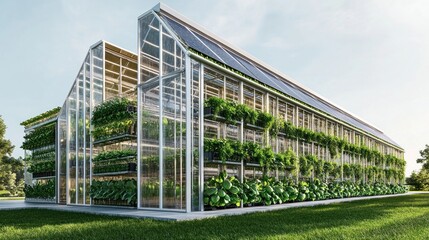 Obraz premium Modern, sustainable greenhouse with vertical planting and solar panels. Features efficient design for optimal plant growth