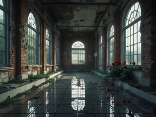 Abandoned hallway, dilapidated industrial building, large windows, brick walls, arched windows, wet tiled floor, reflective surface, red rose on windowsill, moody atmosphere, natural light, urban deca