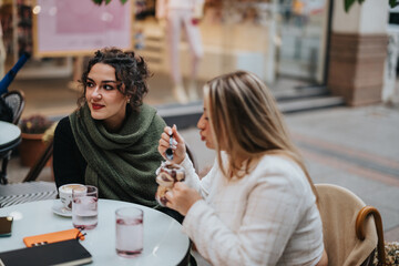 Two women are sitting together at an outdoor cafe, sharing pleasant conversation and laughter over warm beverages and a delightful dessert. The relaxed atmosphere reflects friendship and joyful