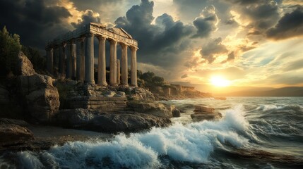 Obraz premium Ancient ruins by the stormy sea at sunset. Dramatic coastal scenery with weathered stone columns and powerful waves crashing against the shore. A breathtaking view of nature's grandeur