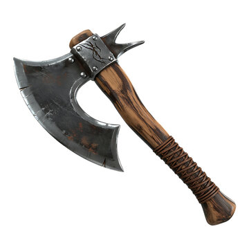 Medieval battle axe with wooden handle.