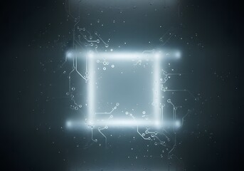Obraz premium Futuristic Digital Circuit Board Design with Glowing Square and Microchip Elements.