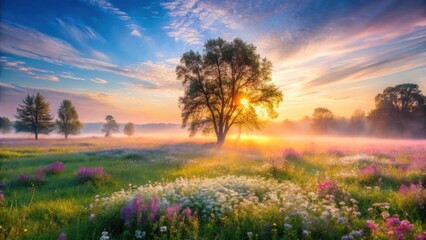 Serene Sunrise Illuminating a Meadow of Blossoms with a Solitary Tree Silhouetted Against the Golden Light