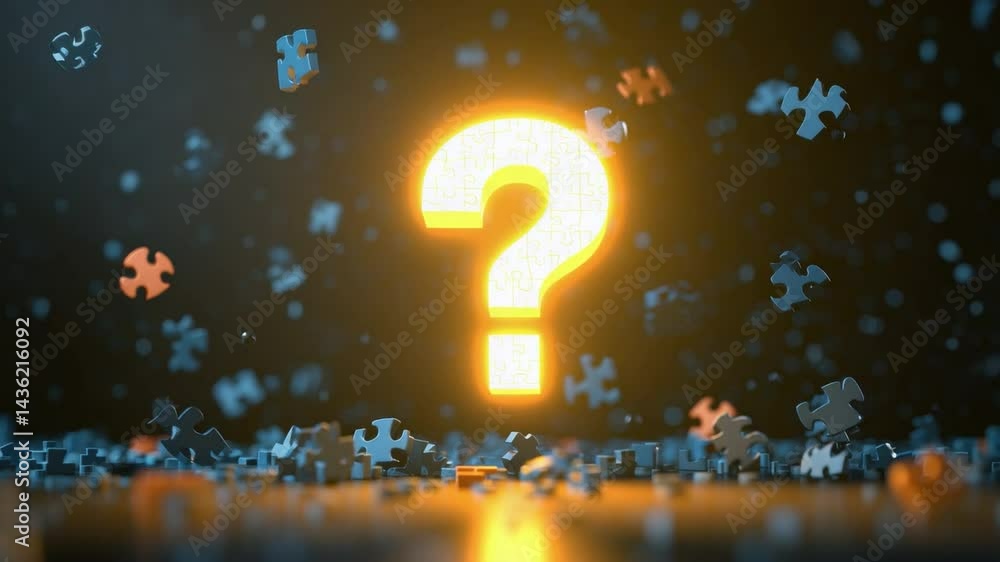 Poster concept of mystery and uncertainty with colorful puzzle pieces floating around a question mark symbo