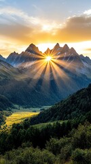 majestic alpine mountain range at golden hour, sunbeams piercing through clouds, lush green valley below, cinematic lighting, ultrarealistic composition