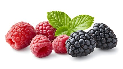 Fresh Raspberry and Blackberry on White Background with Green Leaf