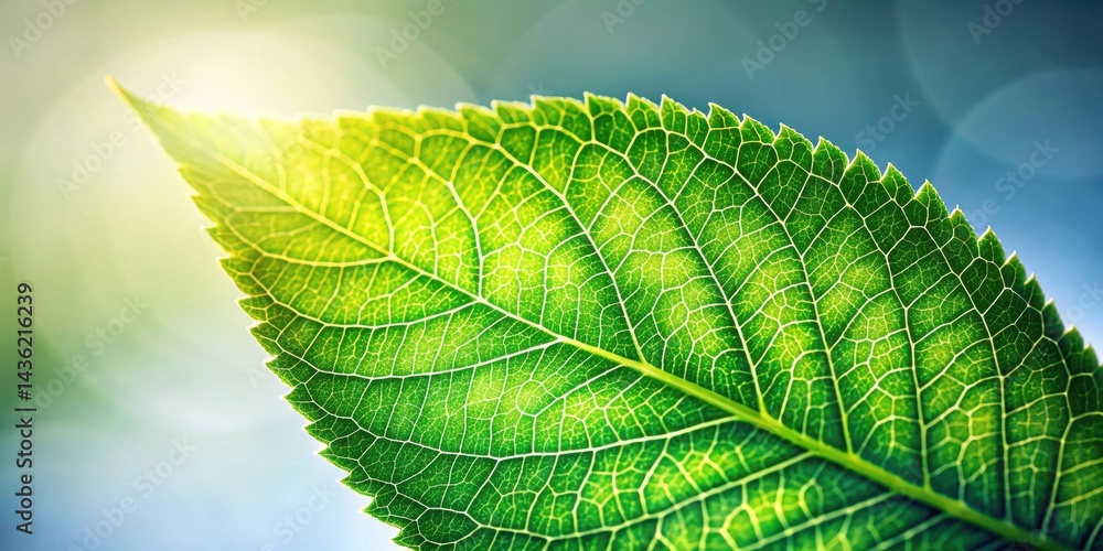 Poster close-up view of a vibrant green leaf illuminated by sunlight, showcasing intricate vein patterns an