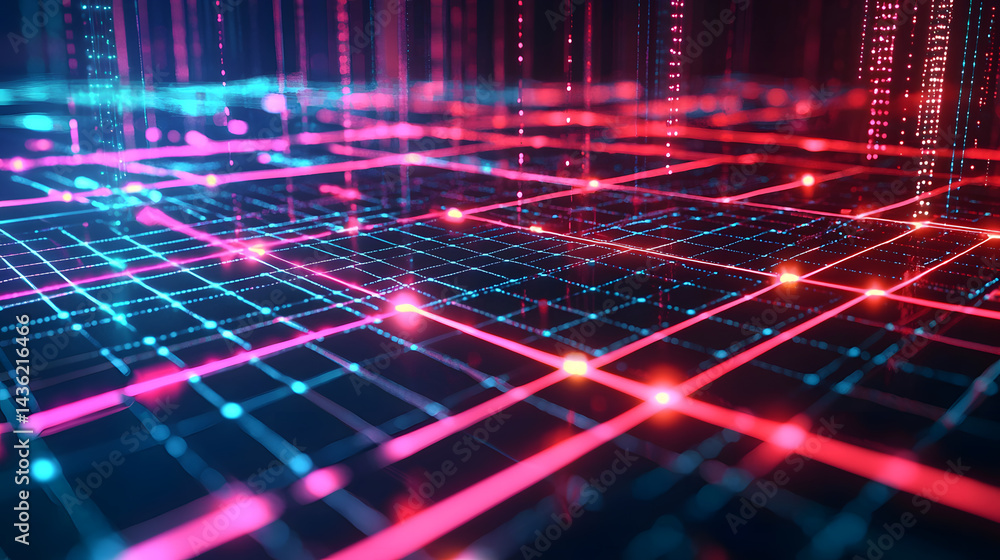 Poster glowing data flow visualization digital landscape abstract art cyber environment futuristic viewpoin