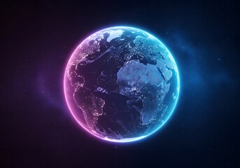Fototapeta premium Earth Globe with Neon Lights, 3D Render, Night View, Global Illumination, Space Backdrop.