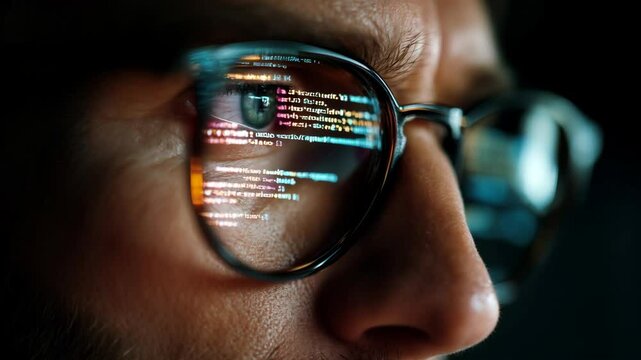 portrait of a software engineer coding on computer with code reflections in glasses