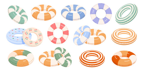 Beach set of inflatable striped swimming circles in retro style. Ideal for summer parties, water activities, resorts, kids and adults. High quality vector illustrations on white isolated background.