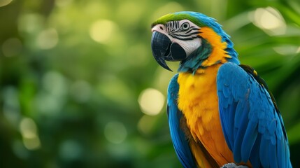 Obraz premium Vibrant blue and gold macaw parrot perched amidst lush green foliage.