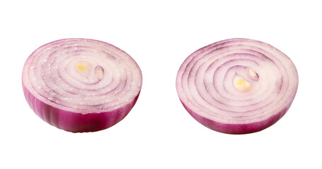 Fresh peeled red or purple onion bulbs in two halves isolated on white background with clipping path