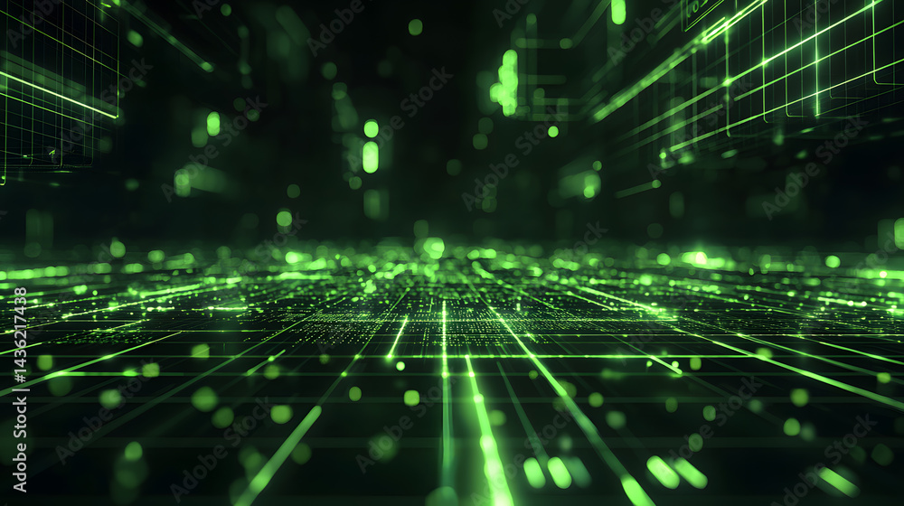 Poster dynamic data flow visualization digital landscape abstract art futuristic environment perspective co